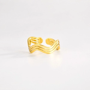 Detail showing S925 hallmark on minimalist triple-layer gold wave adjustable ring