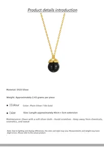 Detailed close-up of S925 silver 18k gold plated necklace with black agate bead pendant