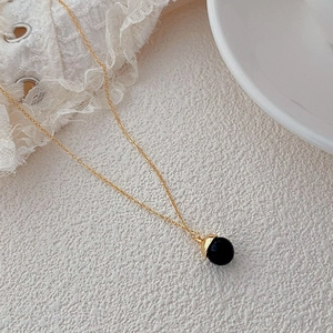 925 Sterling Silver Black Agate Round Sphere Pendant Necklace For Women Minimalist 18K Gold Plated Clavicle Chain Jewelry