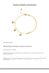Bracelet ajustable en argent sterling S925 plaqué or 18k avec perles rondes