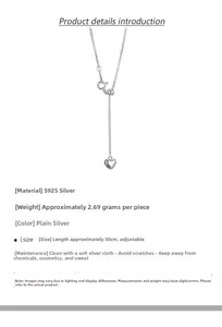 Detailed specs of S925 silver heart tassel necklace showing 2.69g weight and 50cm adjustable chain