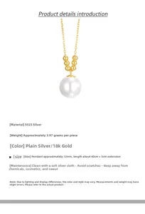 Detailed S925 sterling silver pearl necklace specs with 12mm pendant and 45cm chain length