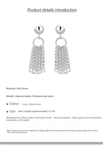 Detailed view of S925 silver tassel earrings featuring bead studs and chain fringe details