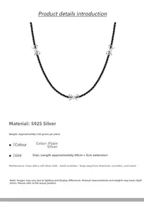 Detail of S925 silver bow accents on a faceted black spinel beaded choker necklace