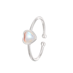 Anello aperto in argento sterling S925 con pietra di luna a cuore in blu aurora lucido