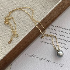 Elegant gold-plated S925 sterling silver necklace with large grey pearl pendant