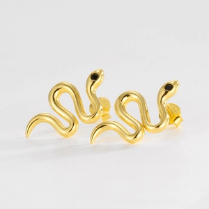 925 Sterling Silver Snake Stud Earrings With Black Rhinestone Eyes Snake Shaped Piercing Jewelry For Women Fashion Gift