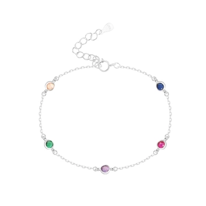 Elegant S925 sterling silver bracelet with five colorful round faceted gemstones