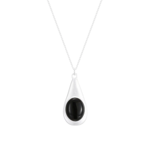 S925 sterling silver minimalist water drop necklace with polished black agate pendant