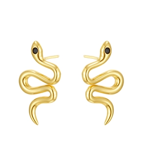 S925 sterling silver serpent stud earrings with gold finish and black zircon eyes