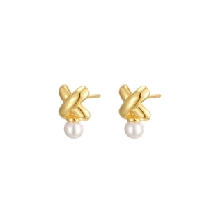 French vintage gold cross earrings featuring elegant white pearls on a white background