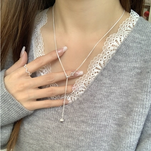 Minimalist 925 sterling silver Y-shaped tassel necklace with heart pendant and ring