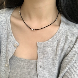 Elegant S925 silver black spinel beaded necklace with silver bow charms for women