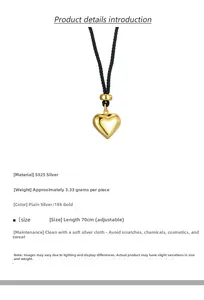 Détail du pendentif coeur en argent S925 avec corde réglable de 70cm et poids 3,33g
