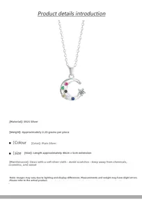 Detailed specs of S925 silver crescent moon necklace with colorful crystals and star charm
