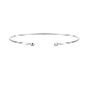 Minimalist S925 sterling silver open bangle featuring two polished metal spheres
