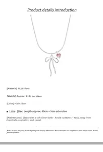 Détail du collier en argent S925 avec pendentif cœur rose et nœud papillon ajouré