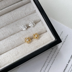 925 Sterling Silver Flower Stud Earrings Dainty Hollow Floral Rhinestone Earrings For Women Minimalist Daily Jewelry