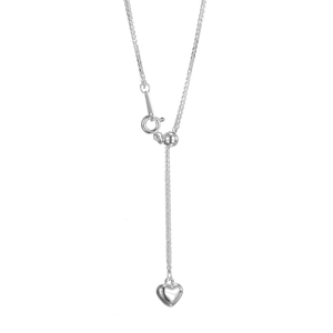 Adjustable S925 sterling silver long tassel necklace with heart pendant on white background