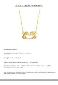 Macro detail of S925 sterling silver heart-shaped hand gesture pendant with dimensions