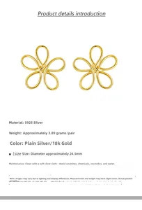 Detailed view of 18k gold S925 sterling silver hollow flower stud earrings with 24.5mm diameter