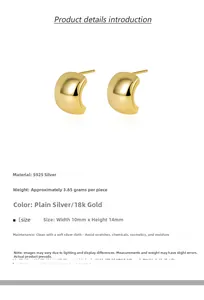 Detail view of 18K gold plated S925 sterling silver C-shaped earrings with 10x14mm dimensions