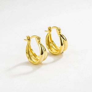 Boucles d'Oreilles Créoles en Argent Sterling 925 Double Couche Géométrique Style Français Minimaliste Poli Or Argent Bijoux Femme