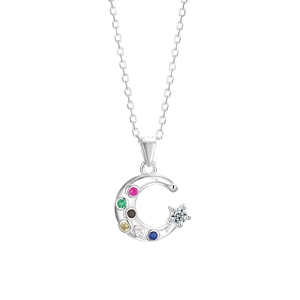 925 silver moon and star necklace featuring six vibrant colored gemstones on an O-chain