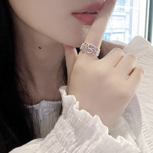 Minimalist S925 sterling silver wide open ring featuring hollow letter B design on finger