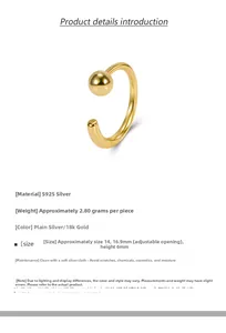 Macro detail of S925 silver C-shape ring with gold bead and adjustable opening