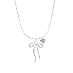 Collier en argent S925 avec pendentif cœur rose et nœud sur une chaîne serpent élégante