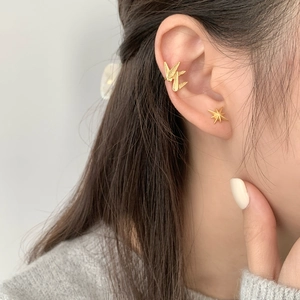 Manchette d'oreille feuille de bambou en argent 925 doré et boucles d'oreilles étoile