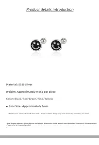 Macro detail of S925 sterling silver smiley face stud earring with 6mm diameter black finish