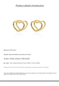 Detailed view of S925 sterling silver hollow double heart earrings in 18k gold finish
