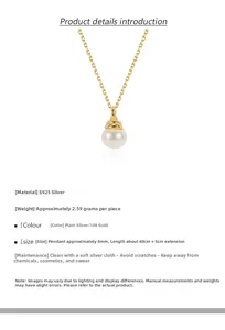 Detailed view of S925 silver necklace with 8mm pearl pendant and size specifications