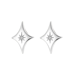 Minimalist S925 sterling silver four-pointed star stud earrings with engraved center