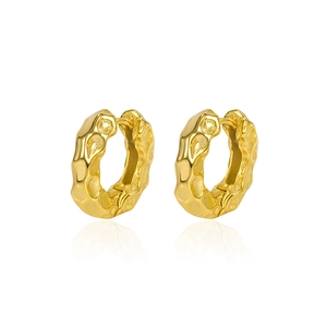 Golden S925 sterling silver hoop earrings with hammered metal texture on white background