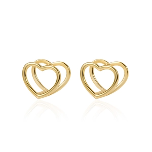 Elegant hollow double heart stud earrings in polished 18K gold finish for women