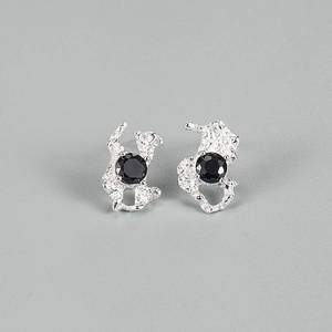 Irregular lava texture S925 silver stud earrings with faceted black round gemstone
