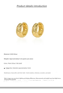 Detail showing 13mm 18K gold S925 silver hoop earrings with hammered lava texture