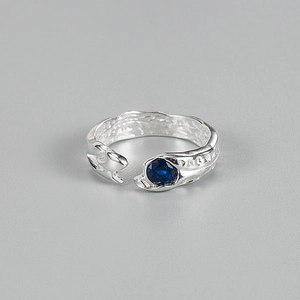 Korean Ins Style S925 Sterling Silver Open Ring For Women Marine Blue Zirconia Inlaid Lava Texture Adjustable Finger Ring
