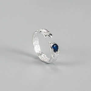 S925 sterling silver open ring with blue zircon and natural lava texture design