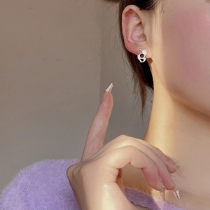 French style irregular S925 sterling silver studs with round black gemstone on ear