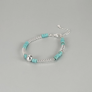 S925 sterling silver beaded bracelet featuring turquoise cylinders and polished silver spheres