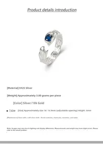 Detailed view of S925 sterling silver ring with blue zircon and lava texture finish
