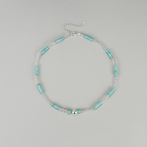 925 Sterling Silver Turquoise Beaded Necklace For Women Handmade Geometric Round Bead Choker Personalized Clasp Chain Jewelry