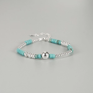 Minimalist S925 sterling silver beaded bracelet with turquoise stones and a center silver ball