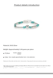 Detail of S925 sterling silver turquoise beaded bracelet with adjustable extension chain