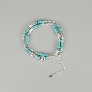 Handmade S925 sterling silver turquoise beaded necklace with double-layer bohemian design