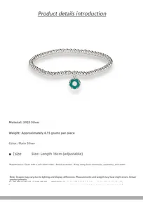 Détail du bracelet à perles en argent S925 avec pendentif vert et un poids de 4,15g